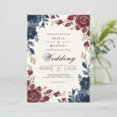 Deep Blue Burgundy Floral Flourish Wedding 招待状 (スタンド正面)