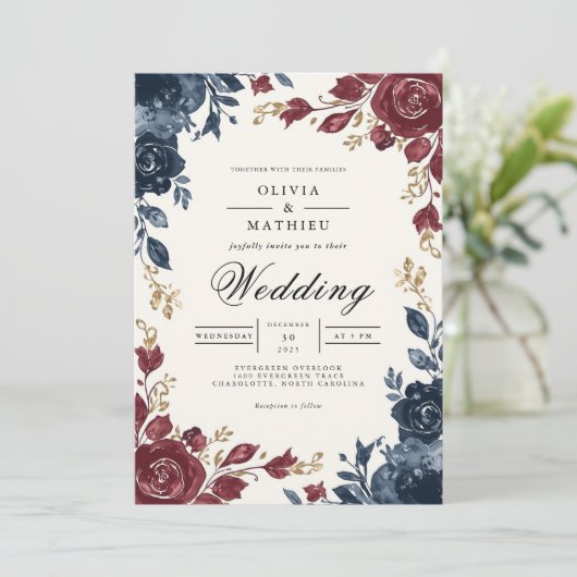 Deep Blue Burgundy Floral Flourish Wedding 招待状 (スタンド正面)