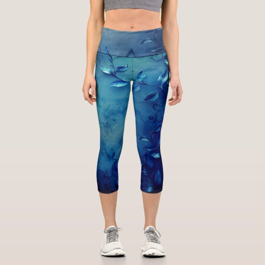 Deep Blue Decorative Leaves カプリレギンス (正面)