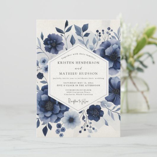 Deep Blue Ethereal Bloom Wedding 招待状 (スタンド正面)