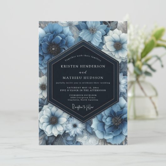 Deep Blue Floral Bloom Wedding 招待状 (スタンド正面)
