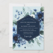 Deep Blue Floral Elegance Wedding 招待状 (正面)