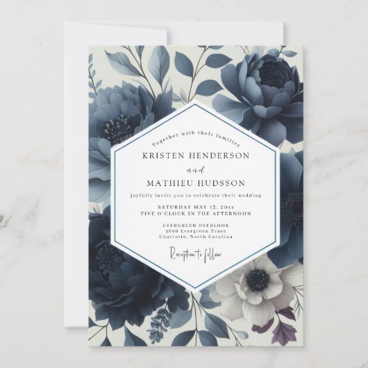 Deep Blue Floral Elegance Wedding 招待状 (正面)