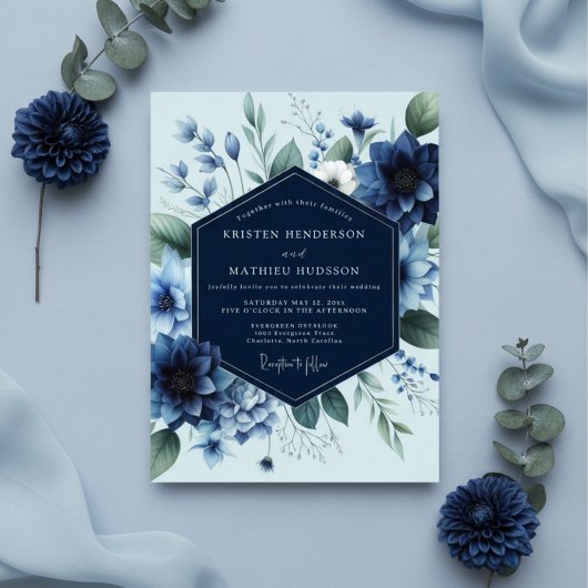 Deep Blue Floral Elegance Wedding 招待状
