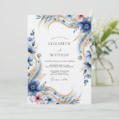 Deep Blue Floral Flourish Wedding 招待状 (スタンド正面)