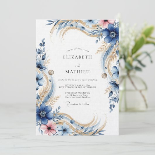 Deep Blue Floral Flourish Wedding 招待状 (スタンド正面)