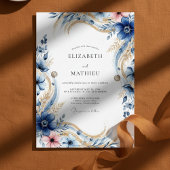 Deep Blue Floral Flourish Wedding 招待状
