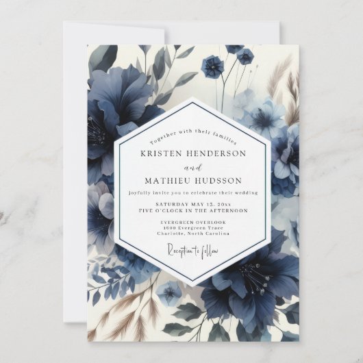 Deep Blue Floral Moody Wedding 招待状 (正面)