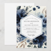 Deep Blue Floral Moody Wedding 招待状 (正面/裏面)