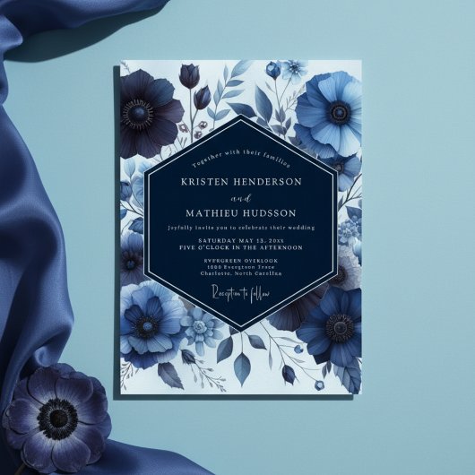 Deep Blue Floral Moody Wedding 招待状