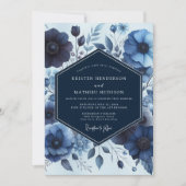Deep Blue Floral Moody Wedding 招待状 (正面)