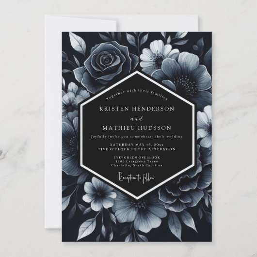 Deep Blue Floral Opulence Wedding 招待状 (正面)