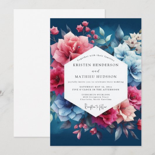 Deep Blue Floral Romance Wedding 招待状 (正面/裏面)