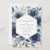 Deep Blue Floral Romantic Wedding 招待状 (正面)