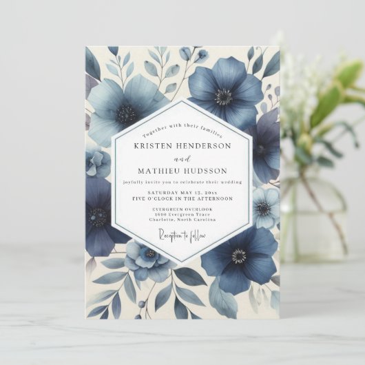 Deep Blue Floral Romantic Wedding 招待状 (スタンド正面)