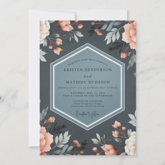 Deep Blue Floral Whimsy Wedding 招待状 (正面)