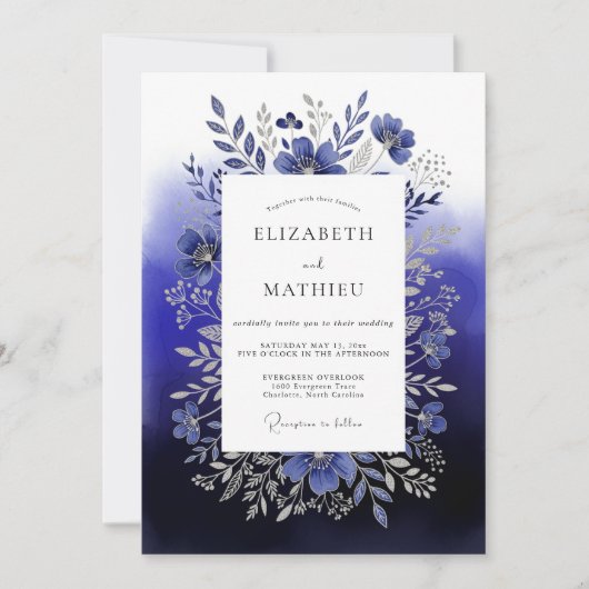 Deep Blue Floral Woodland Wedding 招待状 (正面)