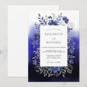 Deep Blue Floral Woodland Wedding 招待状 (正面/裏面)