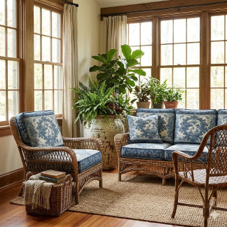 Deep Blue French Warship Toile Floral Motifs Decor ファブリック