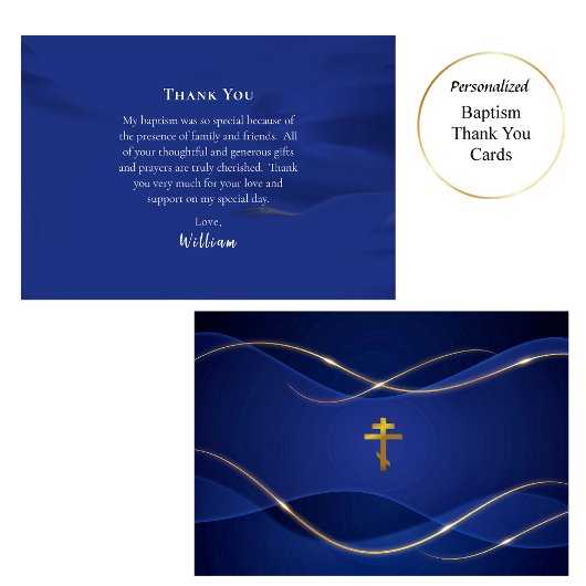 Deep Blue Metallic Gold Orthodox Christian Baptism サンキューカード