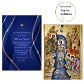 Deep Blue Metallic Gold Orthodox Christian Baptism 招待状