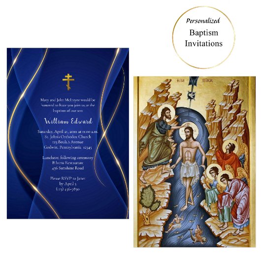 Deep Blue Metallic Gold Orthodox Christian Baptism 招待状