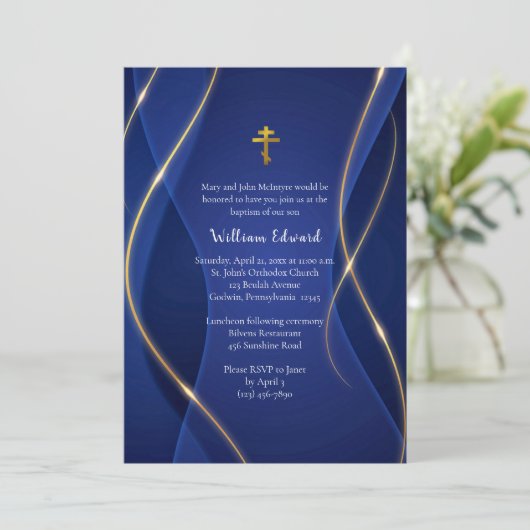 Deep Blue Metallic Gold Orthodox Christian Baptism 招待状 (スタンド正面)