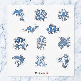 Deep Blue Nautical Striped Sea Life Sticker Sheet シール