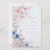 Deep Blue Pink Romantic Sakura Gold Frame Wedding 招待状 (正面)