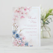 Deep Blue Pink Romantic Sakura Gold Frame Wedding 招待状 (スタンド正面)