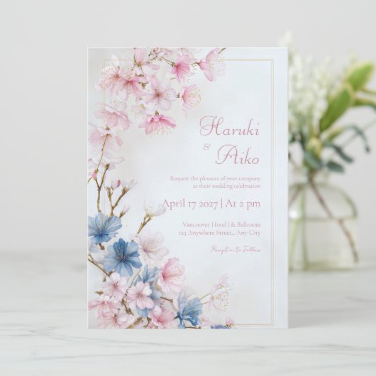 Deep Blue Pink Romantic Sakura Gold Frame Wedding 招待状 (スタンド正面)