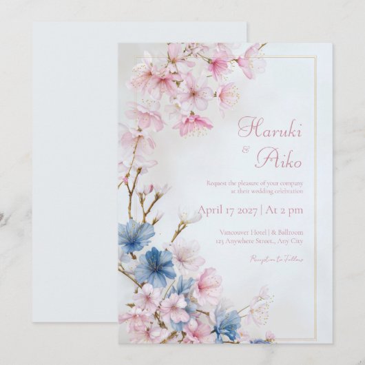 Deep Blue Pink Romantic Sakura Gold Frame Wedding 招待状 (正面/裏面)