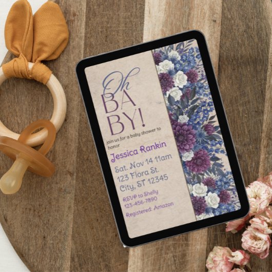 Deep Blue & Purple Floral Baby Shower 招待状