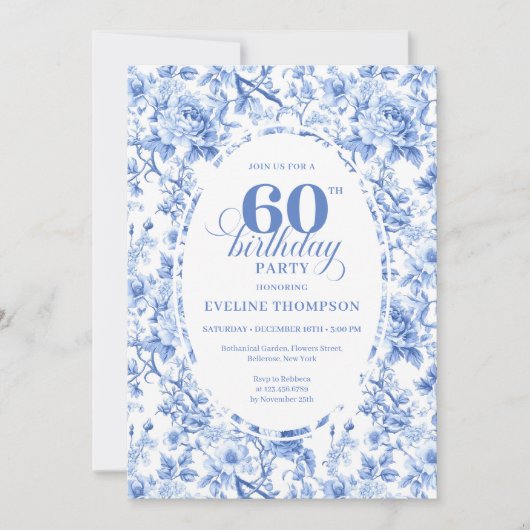 Deep Blue Toile Roses 60th Birthday Invitation   招待状 (正面)