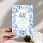Deep Blue Toile Roses 60th Birthday Invitation   招待状