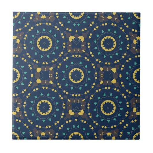 Deep Blue Yellow Mosaic Ethnic Boho Chic Pattern タイル (正面)