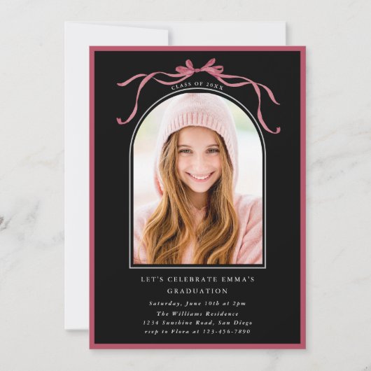 Deep Blush Bow Graduation Party Arch Photo Black 招待状 (正面)