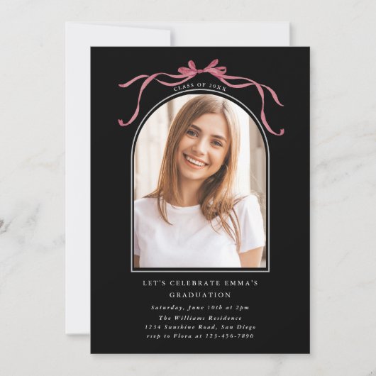 Deep Blush Bow Graduation Party Arch Photo Black 招待状 (正面)