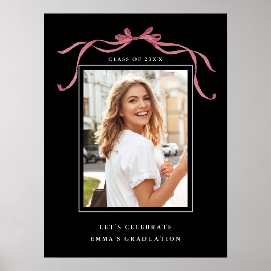 Deep Blush Bow Graduation Party Welcome Black ポスター (正面)