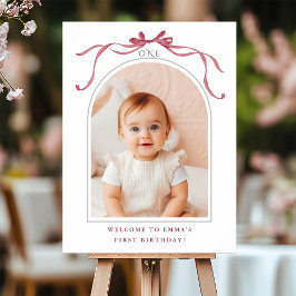Deep Blush Pink Bow 1st Birthday Photo Welcome ポスター