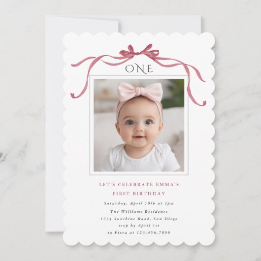 Deep Blush Pink Bow Girl 1st Birthday Party 招待状 (正面)