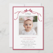 Deep Blush Pink Bow Girl 1st Birthday Party Photo 招待状 (正面)