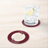 Deep Burgundy and Ivory Floral Line Art Wedding ラウンドペーパーコースター (インサイチュ)