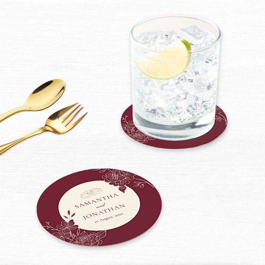 Deep Burgundy and Ivory Floral Line Art Wedding ラウンドペーパーコースター