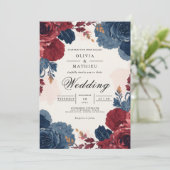 Deep Burgundy Blue Floral Arch Wedding 招待状 (スタンド正面)