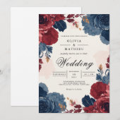 Deep Burgundy Blue Floral Arch Wedding 招待状 (正面/裏面)