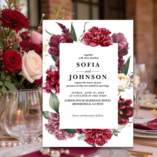 Deep Burgundy Blush Floral Marsala Rose wedding 招待状