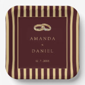 Deep Burgundy Brown Gold Diamond Wedding Stripes ペーパープレート (正面)