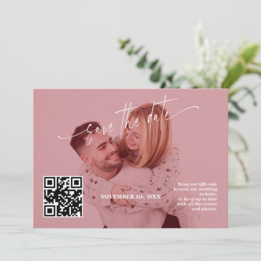Deep Burgundy Calligraphy QR Code Photo Wedding セーブザデート (スタンド正面)
