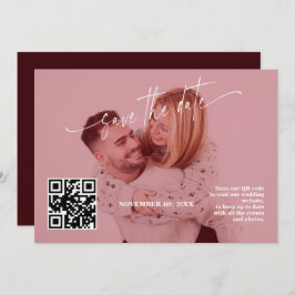 Deep Burgundy Calligraphy QR Code Photo Wedding   セーブザデート